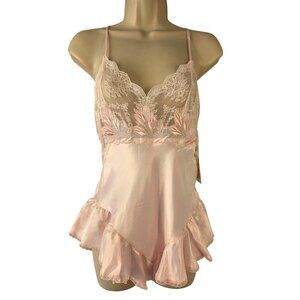Vandemere 80s Satiny Pink Lace Lingerie Teddy Size M Strappy Back Ruffel Hem NWT